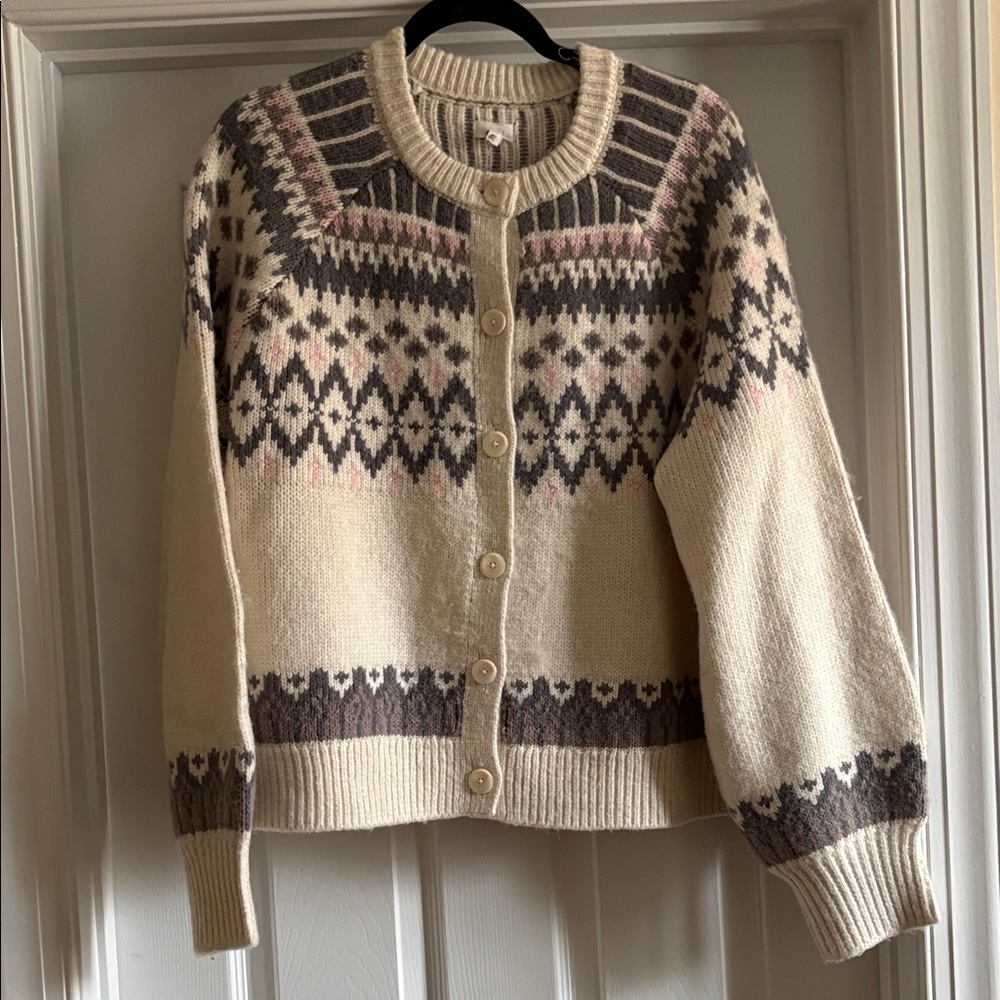 Aerie Size L Patterned Cream and Brown Women's Sweater